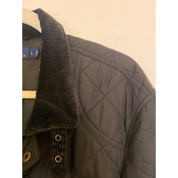 Polo Ralph Lauren Black Quilted Jacket w/ Corduroy Collar & Brass Accents Size L - Picture 7 of 11